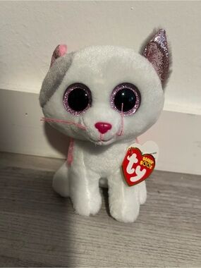 Ty White and Pink Glitter-Eyed Cat Plush